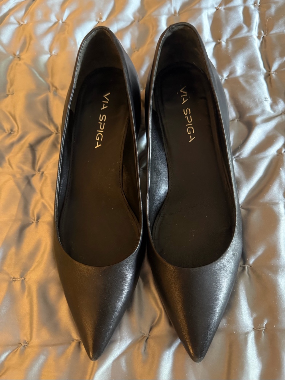 Via Spiga Black Pointed Toe Leather-Look Flats